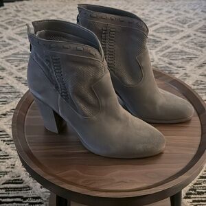 Gray Leather Suede Block Heel Ankle Boots